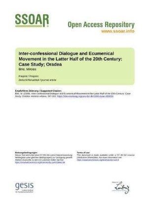 Inter-confessional Dialogue and Ecumenical Movement in the Latter Half of the 20th Century: Case Study; Oradea