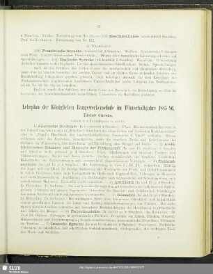 Lehrplan der Königlichen Baugewerkenschule im Winterhalbjahre 1885/86