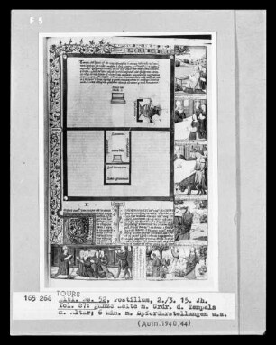 Postillum von Nicolaus von Lyra — Ganze Seite mit Grundriss des Tempels und sechs Miniaturen mit Opferdarstellungen, Folio 87 recto