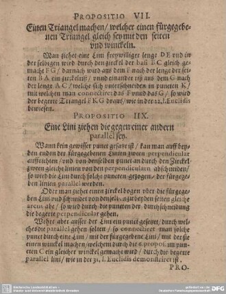 Propositio VII. Einen Triangel machen/ welcher einen fürgegebebeb Triangel gleich sey mit den seiten und winckeln.