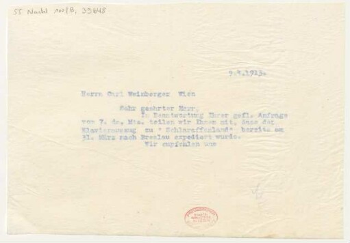 Brief an Carl Weinberger : 09.04.1913