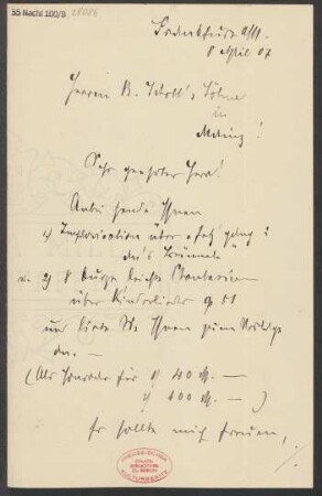 Brief an B. Schott's Söhne : 08.04.1907