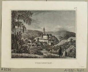 Schloss Weesenstein im Müglitztal (Müglitztal-Weesenstein) südöstlich von Dresden, Blick von der Anhöhe Abendfrieden nach Süden, aus Schiffners Beschreibung von Sachsen um 1840
