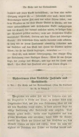 73-102 Aphorismen über kirchliche Zustände und Verhältnisse : 1.Art.: Die Kirche und der Rationalismus