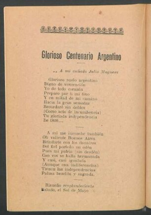 Glorioso centenario argentino : A mi cuñado Julio Magnees