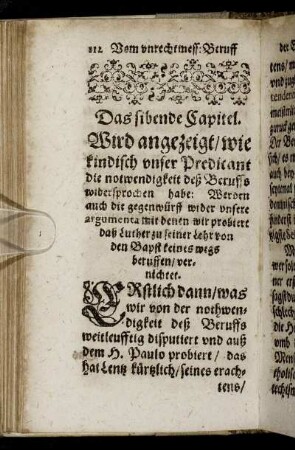 Das sibende Capitel. Wird angezeiget, wie kindisch unser Predicant die notwendigkeit des Beruffs widersprochen habe [...]