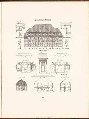 Rudolf Virchow-Krankenhaus, Berlin: Grundriss EG, Dach, Vorderansicht, Seitenansichten, Längsschnitt, Querschnitt, Details Direktorenwohnhaus (aus: Neubauten der Stadt Berlin, Bd. VI, 1907)