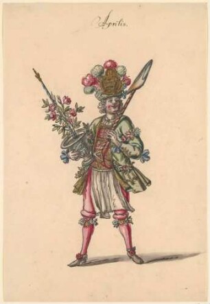 Kostümentwurf: Gärtner mit Spaten und Blumenstock, Monatsdarstellung April - "Aprilis"