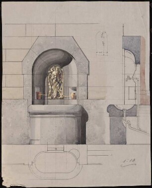 Brunnen: Ansicht, Schnitt und Grundriss