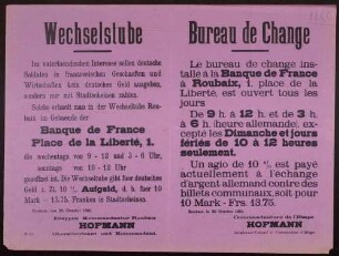 "Wechselstube" (Bekanntgabe von Öffnungszeiten und Wechselkursen der Wechselstube Roubaix) (No. 175)