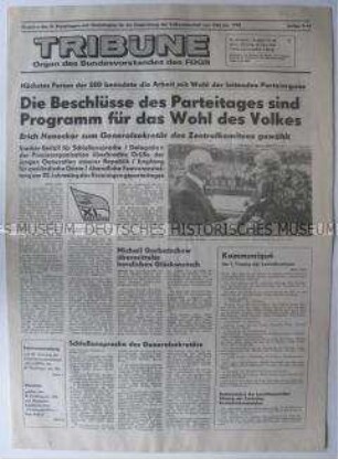 Tageszeitung des FDGB "Tribüne" zum Abschluss des IX. Parteitages der SED