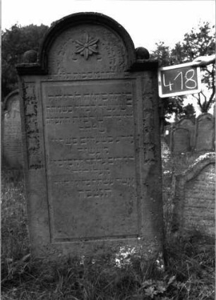 Grabstein 418 (Index: 100102786) Material: Sandstein Zustand: stark verwittert, abgeblättert, teilweiser Textverlust Maße HxBxT: 169x82x13 cm Beschreibung: Stele, eingezogener Rundbogenabschluss mit Verdachung, im Bogen Blüte, auf den Einzügen Kugelaufsätze, Schriftfeld rechteckig eingetieft, auf dem Rahmen Blütenfries Symbolik: Blütenfries: Grabstein 418