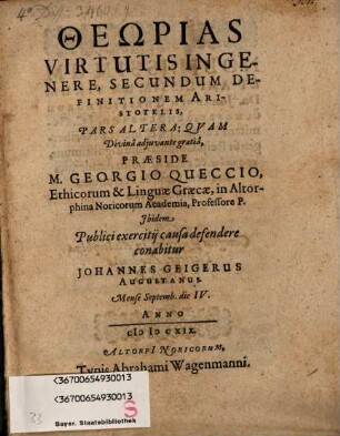 Theōrias virtutis in genere, secundum definitionem Aristotelis, pars altera