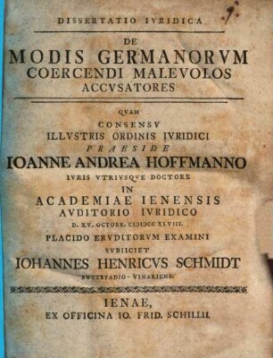 Dissertatio Ivridica De Modis Germanorvm Coercendi Malevolos Accvsatores