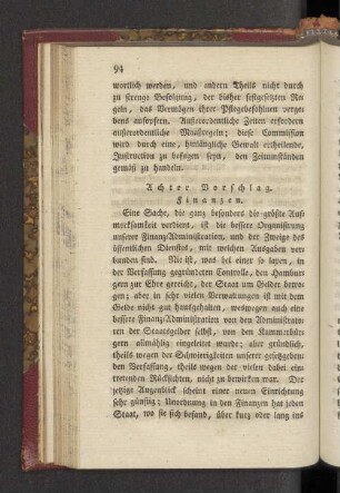 Achter Vorschlag. Finanzen.
