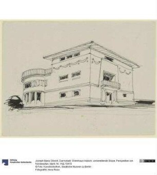 Darmstadt, Wohnhaus Habich, vorbereitende Skizze, Perspektive von Nordwesten
