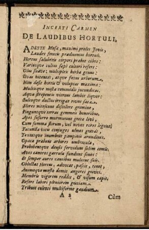 Incerti Carmen De Laudibus Hortuli