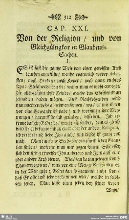 Cap. XXI. Von der Religion, und von Gleichgültigkeit in Glaubens-Sachen