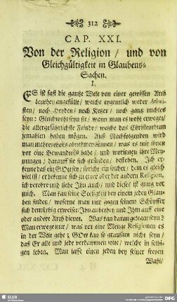 Cap. XXI. Von der Religion, und von Gleichgültigkeit in Glaubens-Sachen