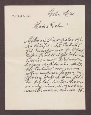 Schreiben von Constantin Fehrenbach, Berlin, an Elisabeth Rosset, Bericht über den Rücktritt von Constantin Fehrenbach als Reichskanzler