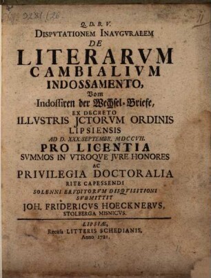 Disputationem inaug. de literarum cambialium indossamento, vom Indosieren der Wechsel-Briefe