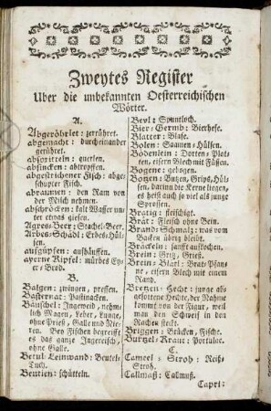 Zweytes Register. Uber die unbekannten Oesterreichischen Wörter.