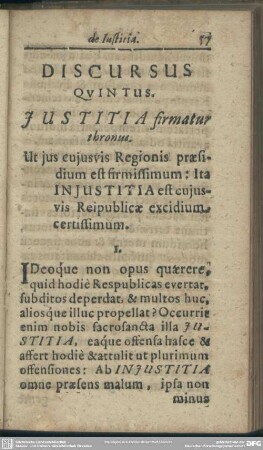 Discursus Quintus. Iustitia firmatur thronus