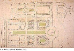 Potsdam, Stadtschloss, Garten, Entwurf, Grundriss : Potsdam, Stadtschloss, Garten, Entwurf, Grundriss, unbekannter Zeichner, um 1700. Feder, Pinsel in grün/Papier. 73,5 x 50,2 cm. Bez.: Oben rechts, jüngerer Vemerk (Tinte): "Großsedlitz Steche".