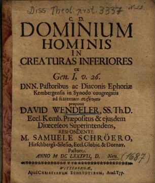 Dominium Hominis In Creaturas Inferiores ex Gen. I, v. 26.