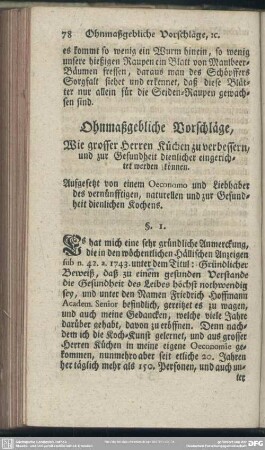 Ohnmaßgebliche Vorschläge, Wie grosser Herren Küchen zu verbessern, und zur Gesundheit dienlicher eingerichtet werden können