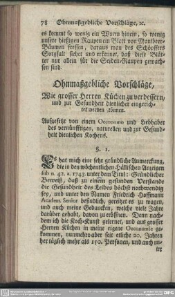 Ohnmaßgebliche Vorschläge, Wie grosser Herren Küchen zu verbessern, und zur Gesundheit dienlicher eingerichtet werden können