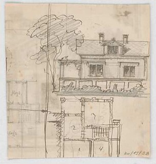 Thiersch, August ; München, Georgenstr.; Privathaus, Projekt - Teilgrundriss, Teilansicht