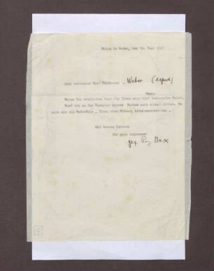 Schreiben von Prinz Max von Baden an Alfred Weber; Angebot, die Memoiren zu widmen