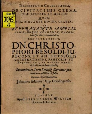 Dissertatio Collectanea, De Civitatibus Germaniae Liberis, Et Mixtis