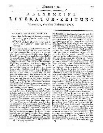 [Sammelrezension zweier Statutensammlungen für die französische Marine] 1. Ordonnances concernant la marine. Du 1. Janvier. Metz: Collignon 1786 2. Réglemens concernant la marine. Du 1. Janvier. Metz: Collignon 1786