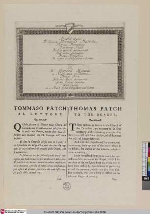 Thomas Patch Al Lettore; Thomas Patch To The Reader
