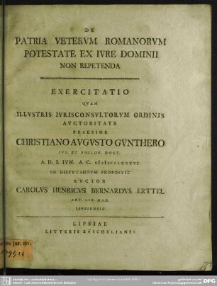 De Patria Veterum Romanorum Potestate Ex Iure Dominii Non Repetenda : Exercitatio