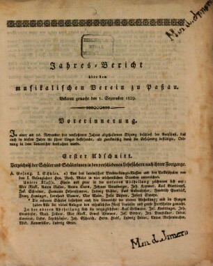 Jahresbericht über den Musikalischen Verein zu Passau : bekannt gemacht .... 1829, 1829