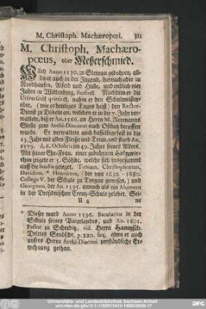 M. Christoph. Machaeropoeus, oder Meßerschmied.