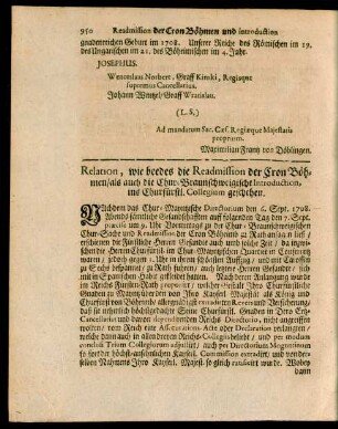 Relation, wie beedes die Readmission der Cron Böhmen, als auch die Chur-Braunschweig Introduction, ins Churfürstl. Collegium geschehen