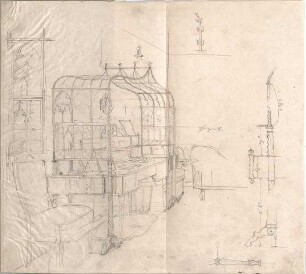 Seeberger, Gustav; München; Residenz, Königsbau, Zeichnungen - Schreibtisch im Zimmer der Königin (Perspektive, Details)