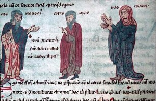 Die Komödien des Terenz — Szene mit drei Figuren im Redegestus