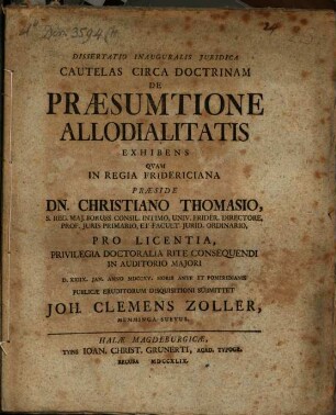 Dissertatio Inauguralis Juridica Cautelas Circa Doctrinam De Praesumtione Allodialitatis Exhibens