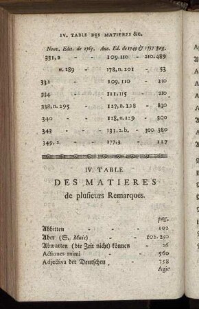 IV. Table Des Matières de plusieurs Remarques.