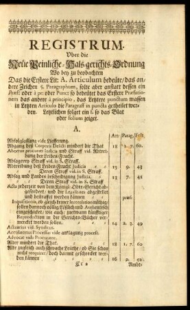 Registrum. Uber die Neue Peinliche- Hals-gerichts-Ordnung ...