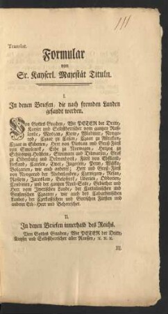 Translat. Formular von Ihro Kayserl. Majestät Tituln