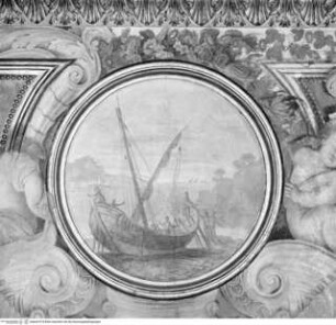 Szenen aus der Geschichte von Johannes dem Täufer und Landschaften, Küstenlandschaft mit Segelschiff