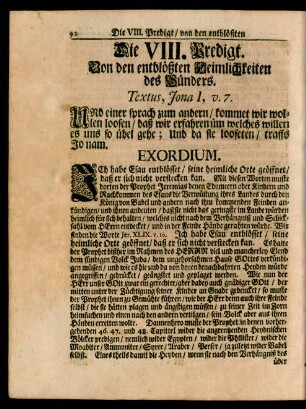 Die VIII. Predigt. Von den entblößten Heimlichkeiten des Sünders