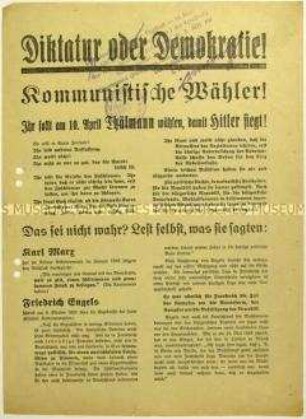 Aufruf der SPD an KPD-Anhänger zur Wahl von Paul von Hindenburg zum Reichspräsidenten 1932