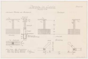 Pergola, Latzig (?): Grundriss, Ansichten, Aufsicht, Schnitt 1:50